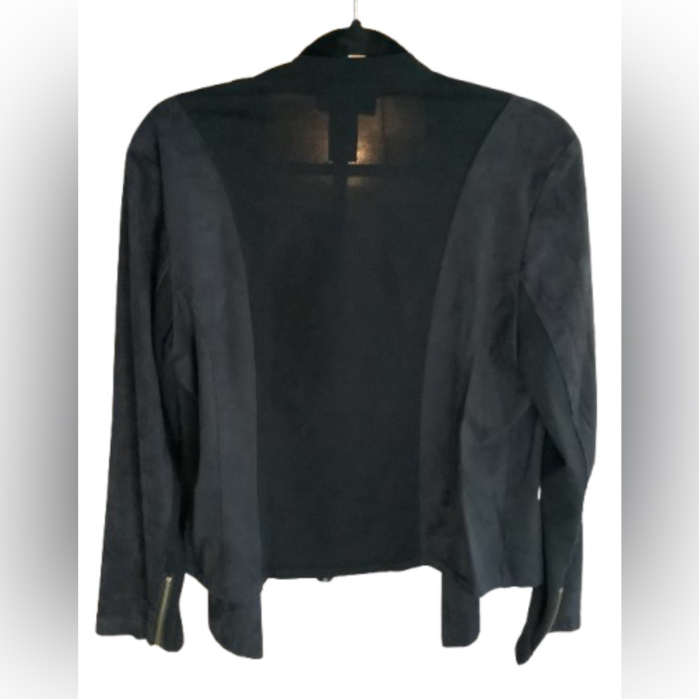 I.N.C women’s black blazer, open front waterfall, with faux suede panels…